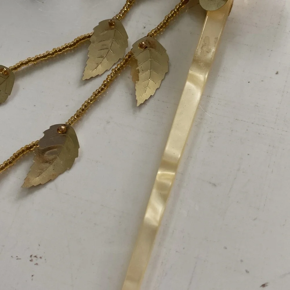 Vintage Gold Flower Hair Stick Pin with Gold Leaf Tassels. Made in Hong Kong